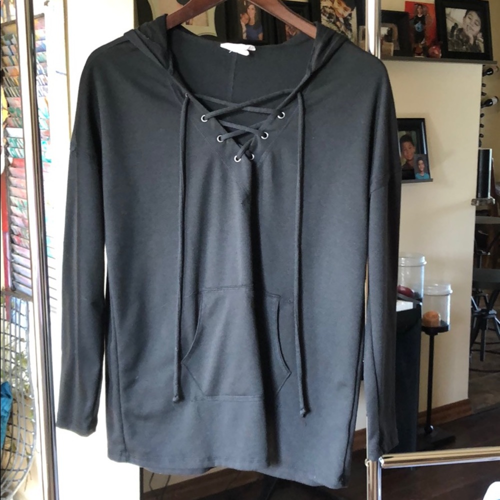 Caslon lace up hooded sweatshirt. black